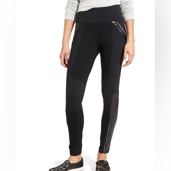 Athleta Luxe Ponte Black Faux Leather Zipper Moto Leggings Womens Size Medium - Picture 9 of 9